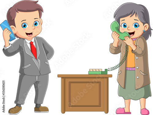 father and mother talking on a retro wired telephone