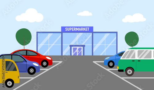Parking lot in supermarket in flat design vector illustration.