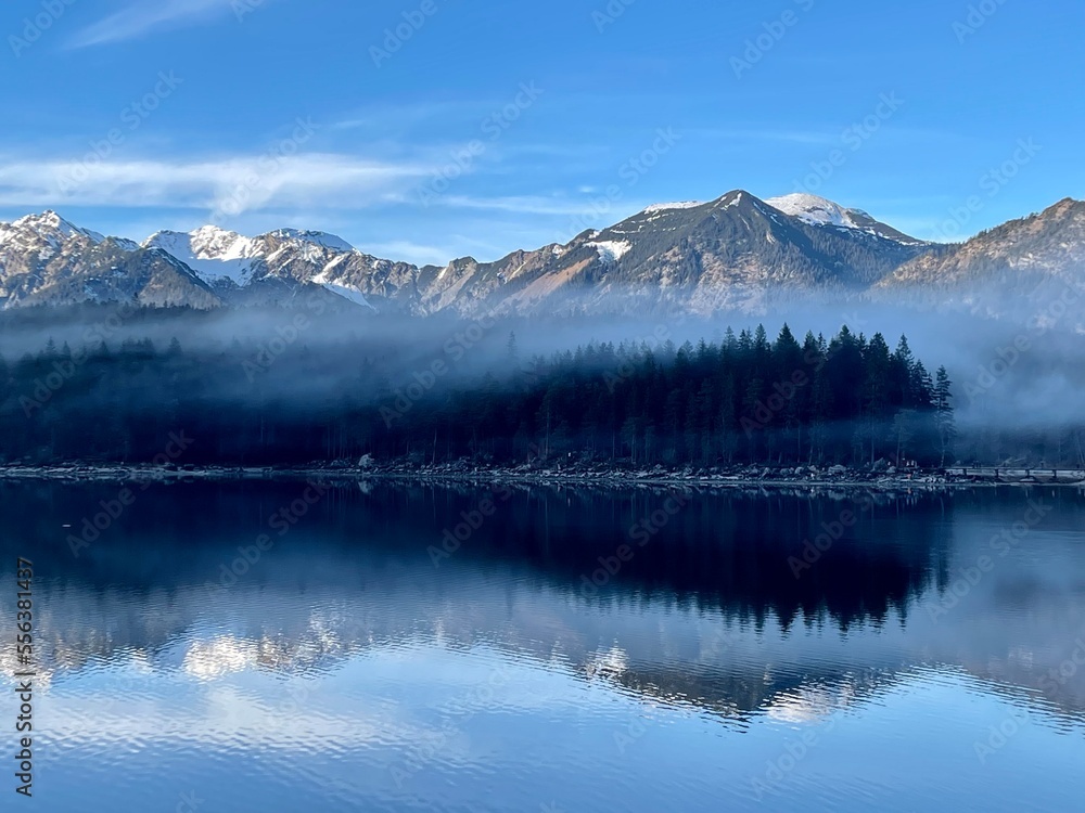 The beautiful view of Eibsee lake reflects the mountain.