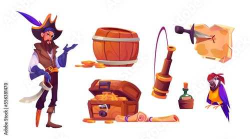 Pirate in hat, treasure box with gold coins, rum bottle, old map and parrot. Corsair captain with sword and wooden leg, spyglass, barrel and dagger, vector cartoon set isolated on white background