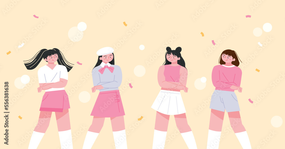 Girl group idol members are posing with their arms crossed. Girl group idol members are posing with their arms crossed.