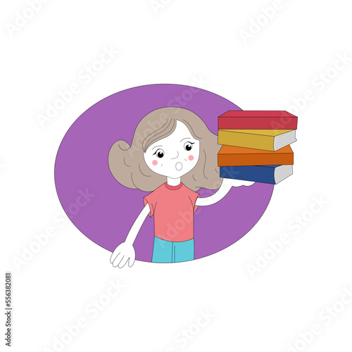 Cute girl character holding books clip art vector isolated on white background. Perfect for coloring book, textiles, icon, web, painting, children's books, t-shirt print.