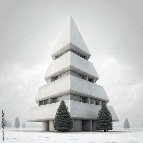 3D Render Concrete Christmas Tree Made as a Building