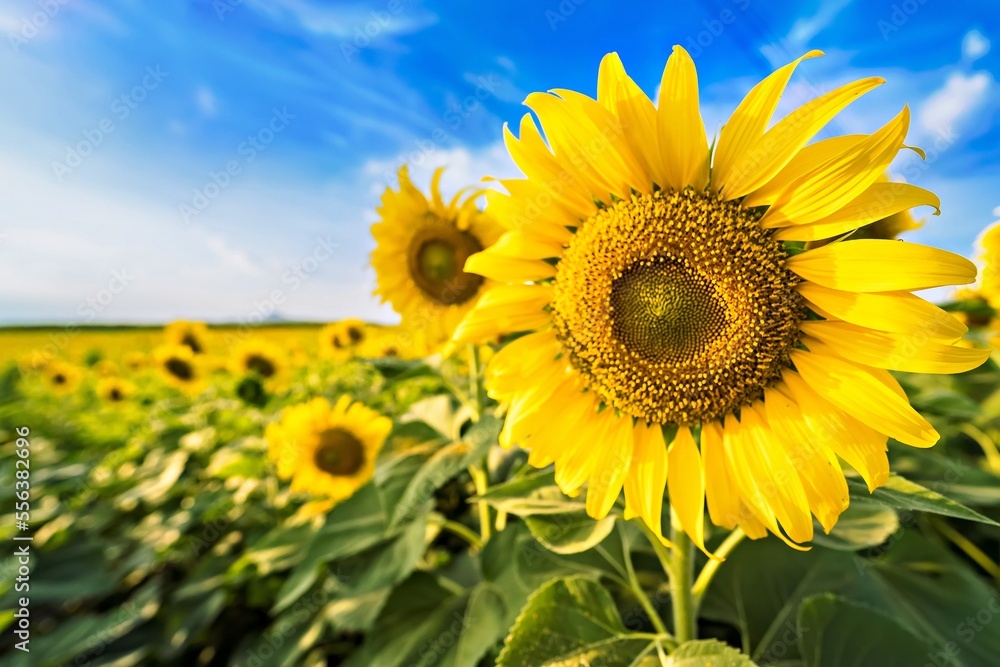 Yellow field with sunflowers.Big yellow sunflower against the blue sky.Sunflowers field at Lopburi, Thailand Yellow field with sunflowers.Big yellow sunflower against the blue sky.Sunflowers field at Lopburi, Thailand