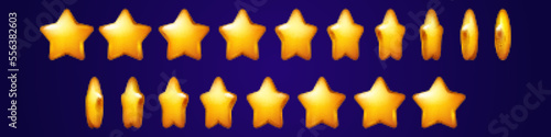 Gold star 3d animation sprite sheet. Game icons of bonus, gift, achievement. Storyboard with yellow shiny star turning around, vector cartoon set isolated on background
