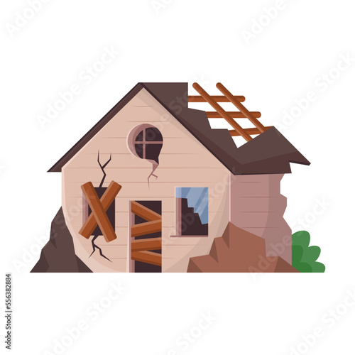 Old broken building. Vector illustration of house after war, apocalypse or earthquake. Cartoon abandoned dirty property in poor condition isolated white. Poverty concept