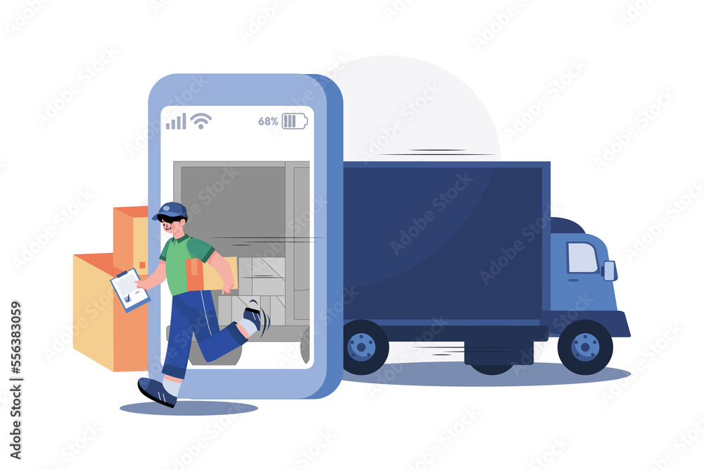 Smartphone with a delivery truck, express delivery courier holding a cardboard box. Smartphone with a delivery truck, express delivery courier holding a cardboard box.