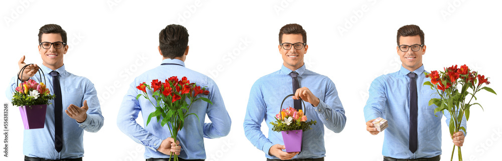 Set of handsome young man with bouquet of flowers and gift isolated on white Set of handsome young man with bouquet of flowers and gift isolated on white