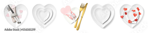 Collage of beautiful heart-shaped plates with cutlery and gift on white background