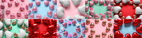 Collection of beautiful heart-shaped air balloons and gifts for Valentine's day on color background