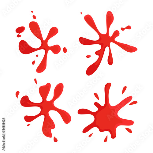 Splashes of red liquid vector illustrations set. Cartoon drawings of splatters of red wine, blood, paint or ink isolated on white background. Violence, art, texture concept
