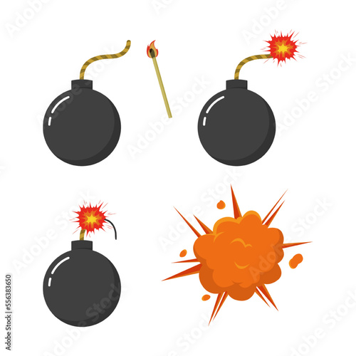 Bomb burning and exploding vector illustrations set. Cartoon drawings of match, bomb with burning fuse, fire, boom on white background. Explosion, weapon, danger concept