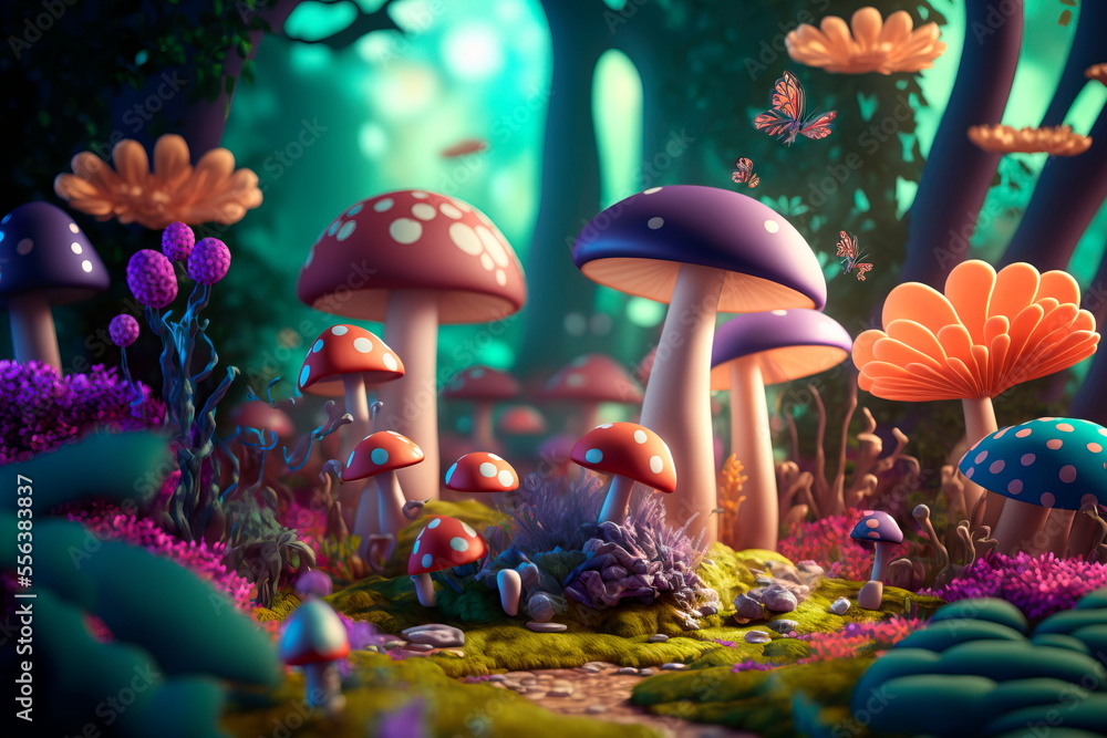 Fantastic wonderland forest landscape with mushrooms and flowers. - obrazy, fototapety, plakaty 