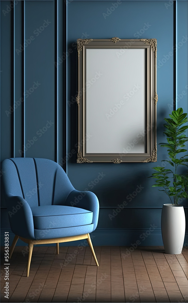 Mockup frame living room interior, vertical wooden frame on blue wall