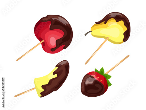 Chocolate dipped fruit on sticks vector illustrations set. Cartoon drawings of apple, pear, banana, strawberry with chocolate isolated on white background. Dessert, food, confectionary concept