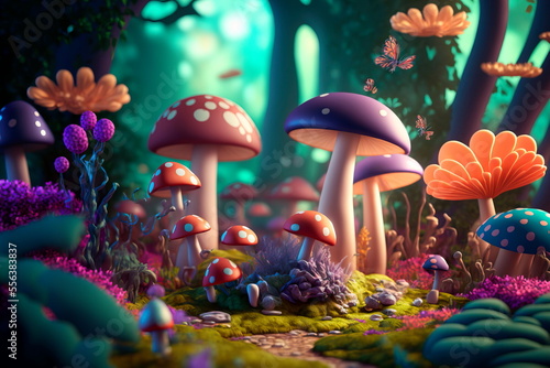Fantastic wonderland forest landscape with mushrooms and flowers. photo