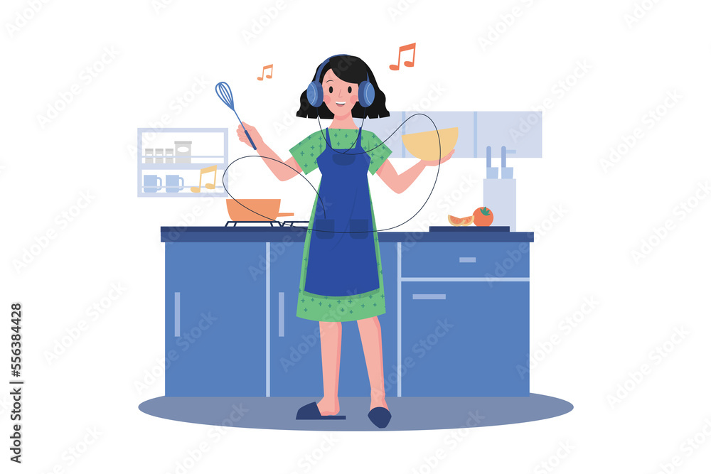 Women Listening To The Podcast While Cooking