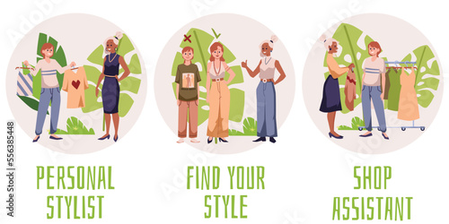 Fashion stylist style consultation and shop assistance, flat vector isolated.