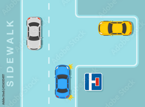 Safe car driving tips and traffic regulation rules. Top view of a car turning right. "No through road on the right" indicates that the road has no exit. Flat vector illustration template.