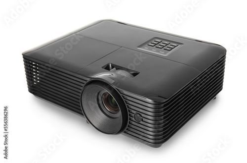 Black video projector on white background