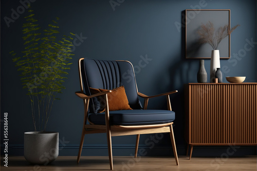 Modern wooden living room armchair on empty dark blue wall background. AI assisted finalized in Photoshop by me 