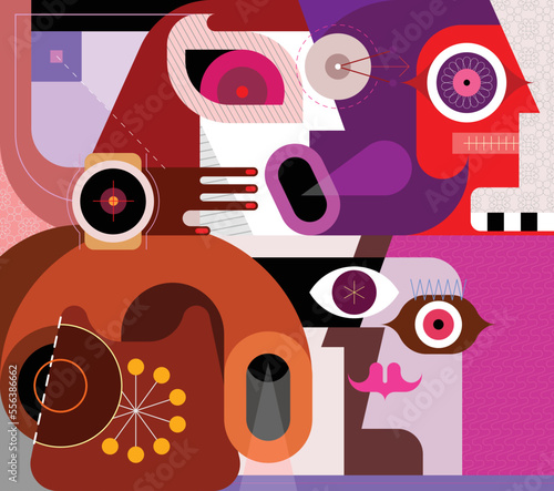 Surprised man getting an unexpected telephone call. Three people and an old rotary phone vector illustration.