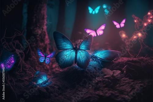 Forest, glowing colorful butterflies, light fog © vuang