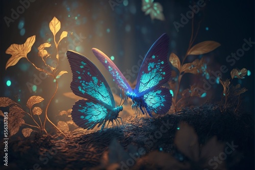 Forest, glowing colorful butterflies, light fog