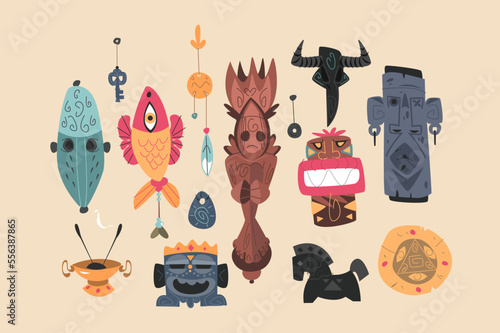 Totem pole and ethnic tribal masks set