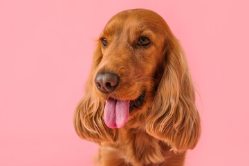 Red cocker spaniel on pink background, closeup