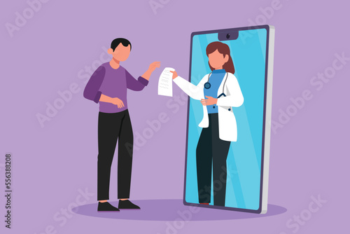 Cartoon flat style drawing of male patient receiving prescription from female doctor coming out of smartphone screen. Online medical healthcare consultation concept. Graphic design vector illustration