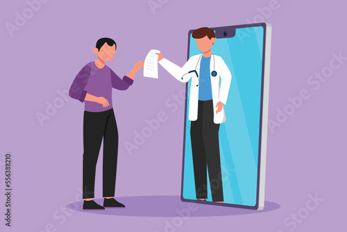 Graphic flat design drawing young man patient receiving prescription from male doctor coming out of smartphone screen. Online medical healthcare consultation concept. Cartoon style vector illustration