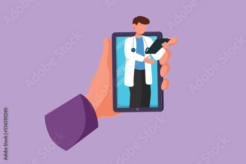 Graphic flat design drawing hand holding smartphone and there is male doctor coming out of smartphone screen holding clipboard. Online digital consultation concept. Cartoon style vector illustration