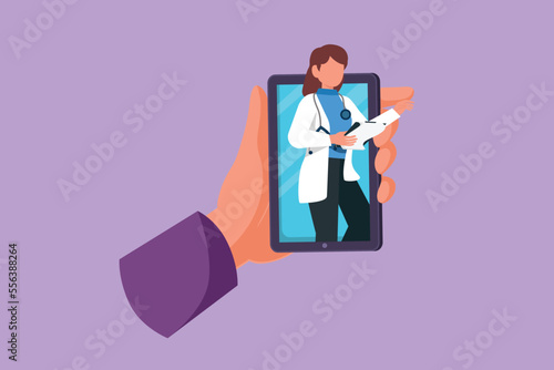 Character flat drawing of hand holding smartphone and there is female doctor coming out of smartphone screen holding clipboard. Online digital consultation concept. Cartoon design vector illustration