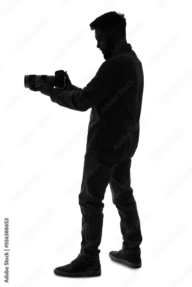 Silhouette of male photographer with camera on white background Silhouette of male photographer with camera on white background