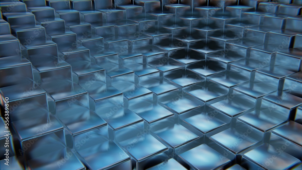 Fototapeta premium Digital cubic abstract background of blue color, metal squares, reflection, digital space. 3d render