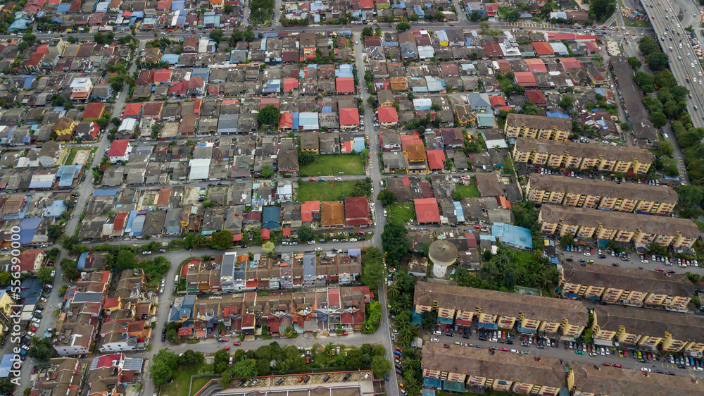 An aerial top down view of houses middle class income at Kuala Lumpur, Malaysia