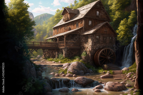 Generative AI :  a vintage water-mill similar to the Glade Creek Gristmill during autumn	
 photo