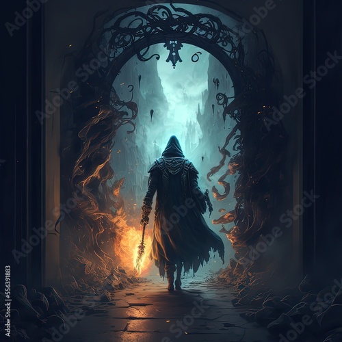 Fototapete A necromancer entering the gateway to another dimension and hell