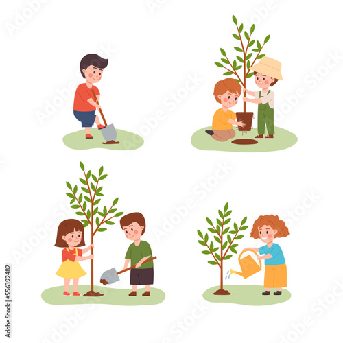 Kids planting trees outdoors, flat vector illustration isolated on white background.