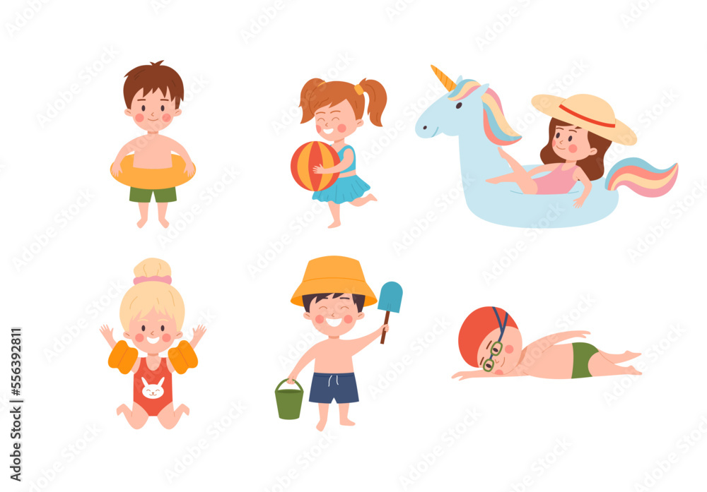 Cute kids and beach activities, cartoon flat vector illustration isolated on white background. Cute kids and beach activities, cartoon flat vector illustration isolated on white background.