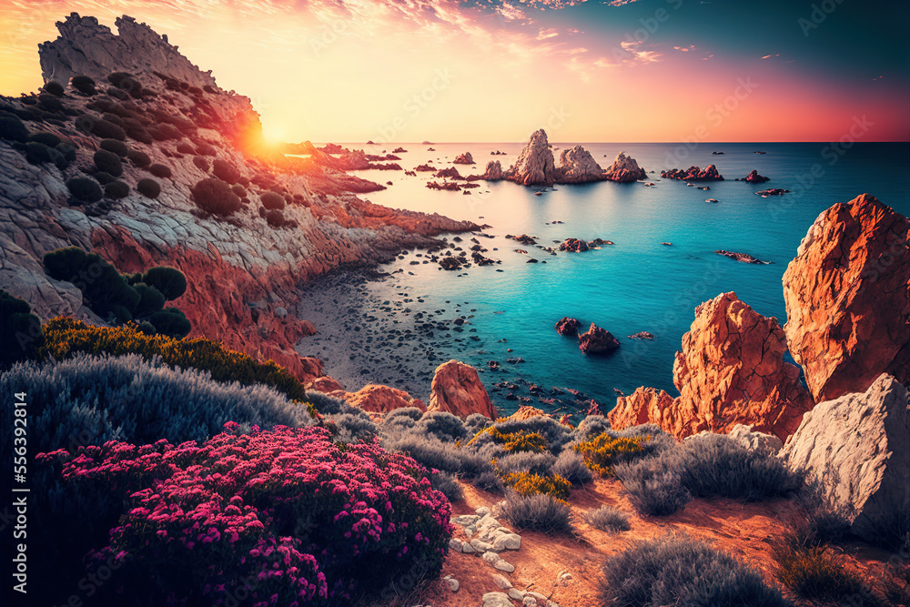 Beautiful spring scenery. Colorful morning scene of Sardinia, Italy, Europe. Fantastic sunrise on Del Sinis peninsula. Picturesque seascape of Mediterranean sea. Digital artwork	