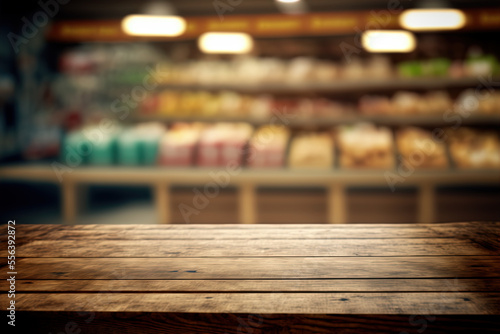 Shinny empty natural wooden counter top in an eco-friendly grocery store with beautiful wooden products shelf in background. Healthy products display, Day light, Blurred, Selective focus. 