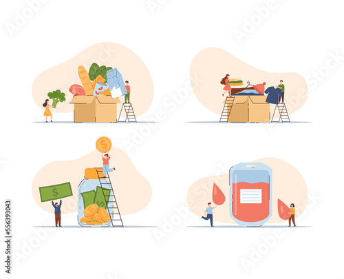 Charity and donation of money and clothes, food and medicine flat vector isolated.