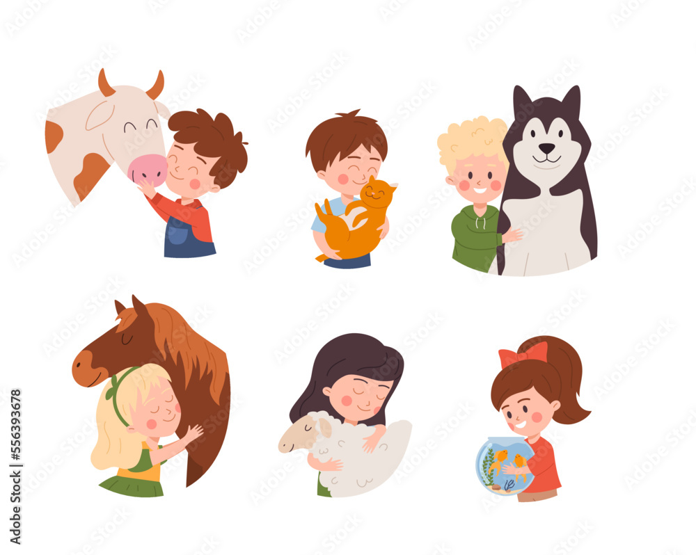 Children with pets domestic and farm animals flat vector illustration isolated.