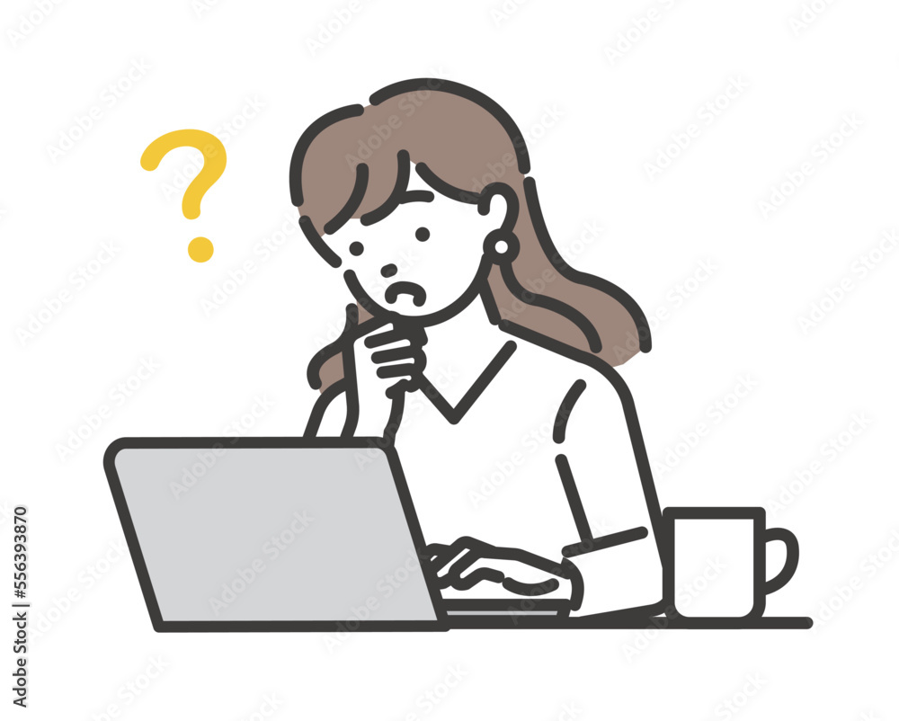 ノートパソコンを使いながら首をかしげる女性のベクターイラスト素材/ビジネス/在宅ワーク ノートパソコンを使いながら首をかしげる女性のベクターイラスト素材/ビジネス/在宅ワーク