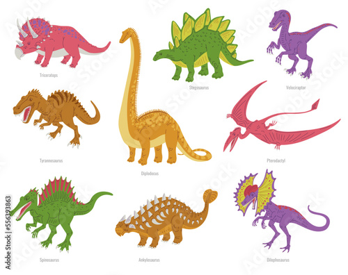 Set of colorful ancient dinosaurs with titles flat style  vector illustration