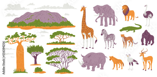 African animals and plants set of icons flat vector illustration isolated.