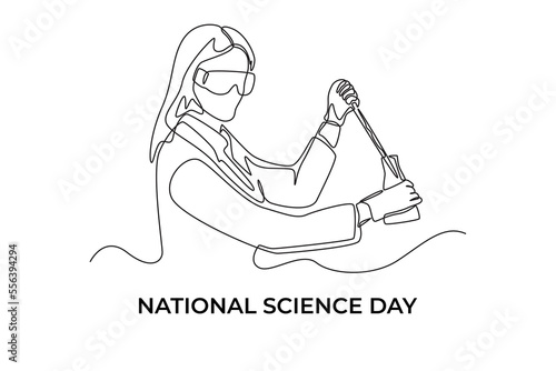 Single one line drawing young female scientist conducting experiment with test tubes. Science day concept. Continuous line draw design graphic vector illustration.