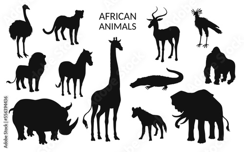 Canvas Print Set of African animals silhouettes, flat vector illustration isolated on white background